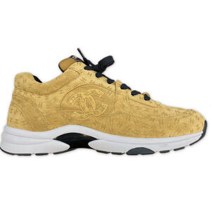 Chanel 22A Beige Suede Printed CC Logo White Flat Runner Trainer Sneaker 39